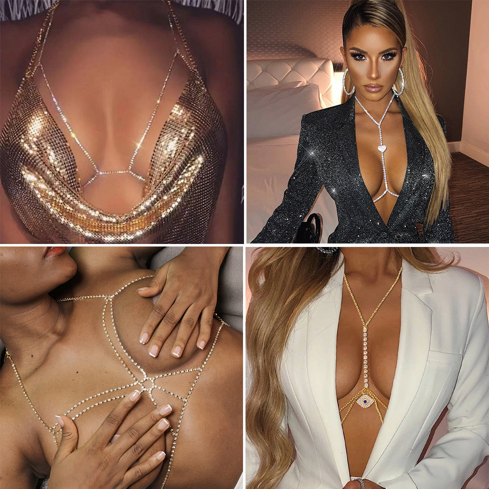 Sexy Women Shiny Crystal Rhinestone Bra Chest Body Chains Bikini Fashion  Jewelry